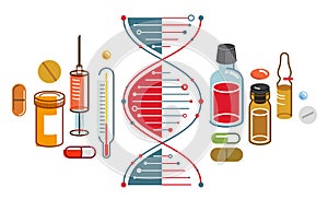 DNA strand based medical theme composition with lots of different drugs and meds vector illustration isolated, drugstore or