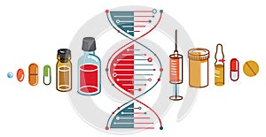 DNA strand based medical theme composition with lots of different drugs and meds vector illustration isolated, drugstore or