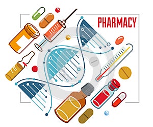 DNA strand based medical theme composition with lots of different drugs and meds vector illustration isolated, drugstore or