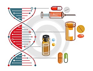 DNA strand based medical theme composition with lots of different drugs and meds vector illustration isolated, drugstore or