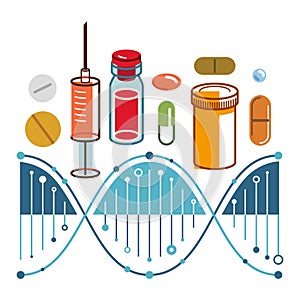 DNA strand based medical theme composition with lots of different drugs and meds vector illustration isolated, drugstore or