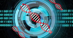 DNA strand and binary coding over futuristic digital interface image
