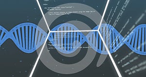 DNA strand and coding data processing image over dark background