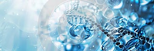 DNA strand in a light blue and white background with floating particles. Molecular structure visualization for