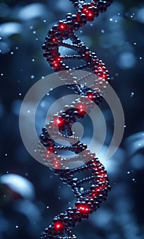 A DNA strand with red glowing beads
