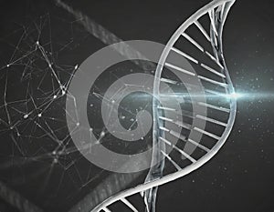 DNA strand spinning over dark background in futuristic style