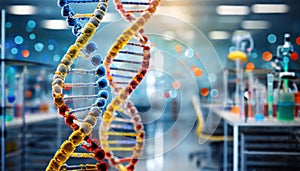 DNA strings, laboratory background.