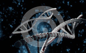 DNA structure, abstract helix molecule plexus on isolated dark blue background. Medical science, genetic biotechnology
