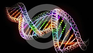 DNA structure on a black background. 3D rendering. Neon lights.