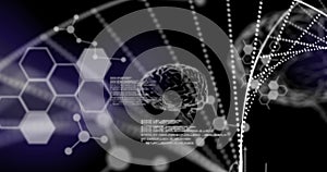 DNA structure forming against medical data processing on black background