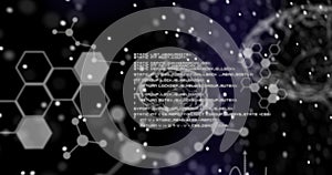 DNA structure forming against medical data processing on black background