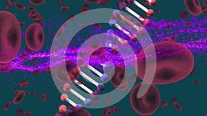 Dna structure spinning over multiple blood vessels and purple digital wave on green background