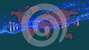 Dna structure spinning and purple digital wave over world map against green background