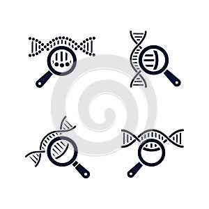 DNA testing icons set. DNA chain in magnifying glass sign. genetic engineering, cloning, paternity testing, DNA analysis