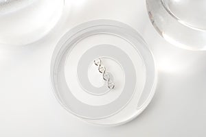 DNA testing, lab experiment and genetic research concept theme with a double helix molecule in a petri dish isolated on white