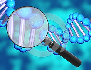 DNA tests idea with DNA helix and magnifier 3D abstract illustration.