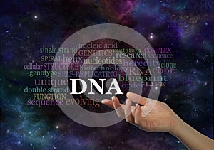 DNA Word Cloud on Deep Space Background