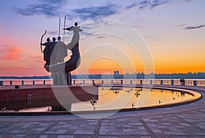 The Dnieper River bank with statue of Kyiv City Founders, Ukraine