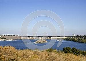 Dnipro river and largest hydroelectric dam in Zaporizhia from Khortytsya Island, Ukraine
