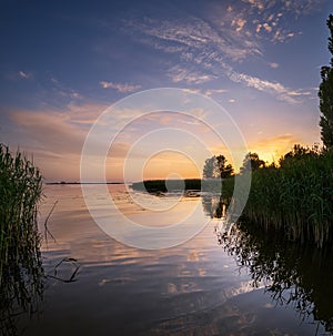 Dnipro river summer sunset twilight landscape, Ukraine