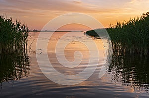 Dnipro river summer sunset twilight landscape, Ukraine