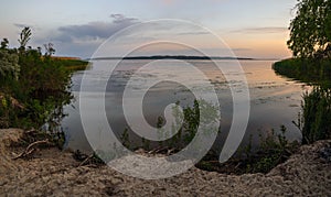 Dnipro river summer sunset twilight panorama landscape, Ukraine