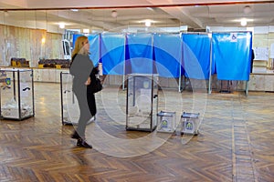 View of ballots in ballot box at vote station. Election of Ukraine President. Observers from different political parties