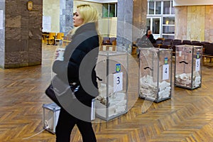 DNIPRO, UKRAINE - March 31, 2019:View of ballots in ballot box at vote station. Election of Ukraine President. Observers from