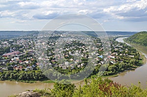 Dnister River and Zalishchyky seen from viewpoint in Khreshchatyk village, Ukraine photo