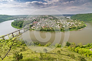 Dnister River and Zalishchyky city in summer, viewpoint in Khreshchatyk village, Ukraine photo