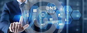 DNS concept businessman touching on virtual screen.