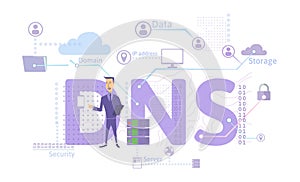 DNS concept, Domain Name System. Decentralized naming system for computers, devices, services, or other resources photo