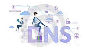 DNS concept, Domain Name System. Decentralized naming system for computers, devices, services, or other resources photo