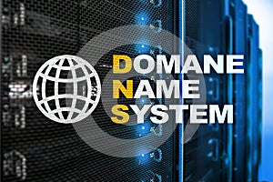 Dns - domain name system, server and protocol. Internet and digital technology concept on server room background