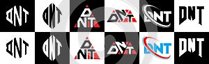 DNT letter logo design in six style. DNT polygon, circle, triangle, hexagon, flat and simple style with black and white color