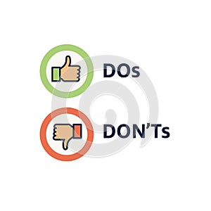 Do and Don`t or Good and Bad Icons w Positive and Negative Symbols
