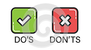 Do and Don`t icon in flat style. Yes, no vector illustration on white isolated background. Positive, negative sign business photo