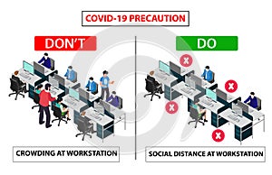 Do and don`t poster for covid 19 corona virus. Safety instruction for office employees and staff. Social distance maintain at
