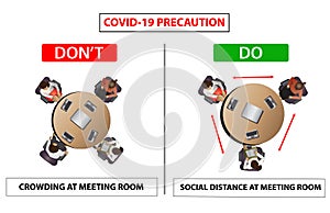 Do and don`t poster for covid 19 corona virus. Safety instruction for office employees and staff. Social distance maintain at