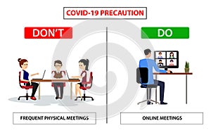 Do and don`t poster for covid 19 corona virus. Safety instruction for office employees and staff. Vector illustration of avoid