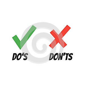 Do and Dont check tick mark and red cross icons isolated on white background.