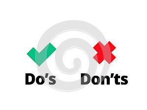 Do and Dont check tick mark red cross vector icon