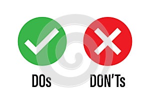 Do dont icon. good true dos and bad false donts. like unlike error. green red circles on white backgrounds. okay fail sign. ok