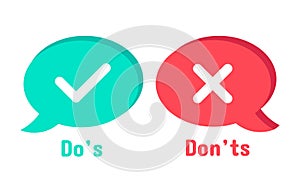 Do and Dont icons. Speech bubble checklist element, yes and no dialogue cloud box. Accept or reject symbol vector icon