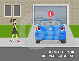 Do not block sidewalk access when parking. Back view of an incorrect parked car in the driveway.