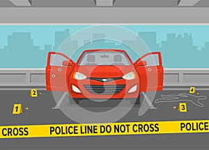 Do not cross yellow tape at crime scene. Car with opened doors in a parking lot.