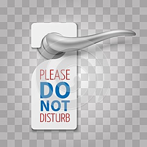 Do not disturb room vector sign. Hotel door hangers on silver realistic door handle isolated on transparent background