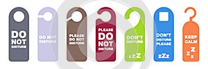 Do not disturb tag. Don`t disturb banner in hotel. Please do not disturb collection. Hanging label in hotel. Private time message