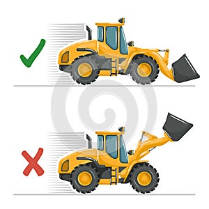Do not drive with the front loader bucket raised or with a elevated load. Safety in handling a front loader. Security First.