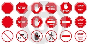 Do Not Enter Red Circle Symbol. Caution No Allowed Entry Stop Road Sign. Entrance Prohibited. Warning Palm Hand Ban
